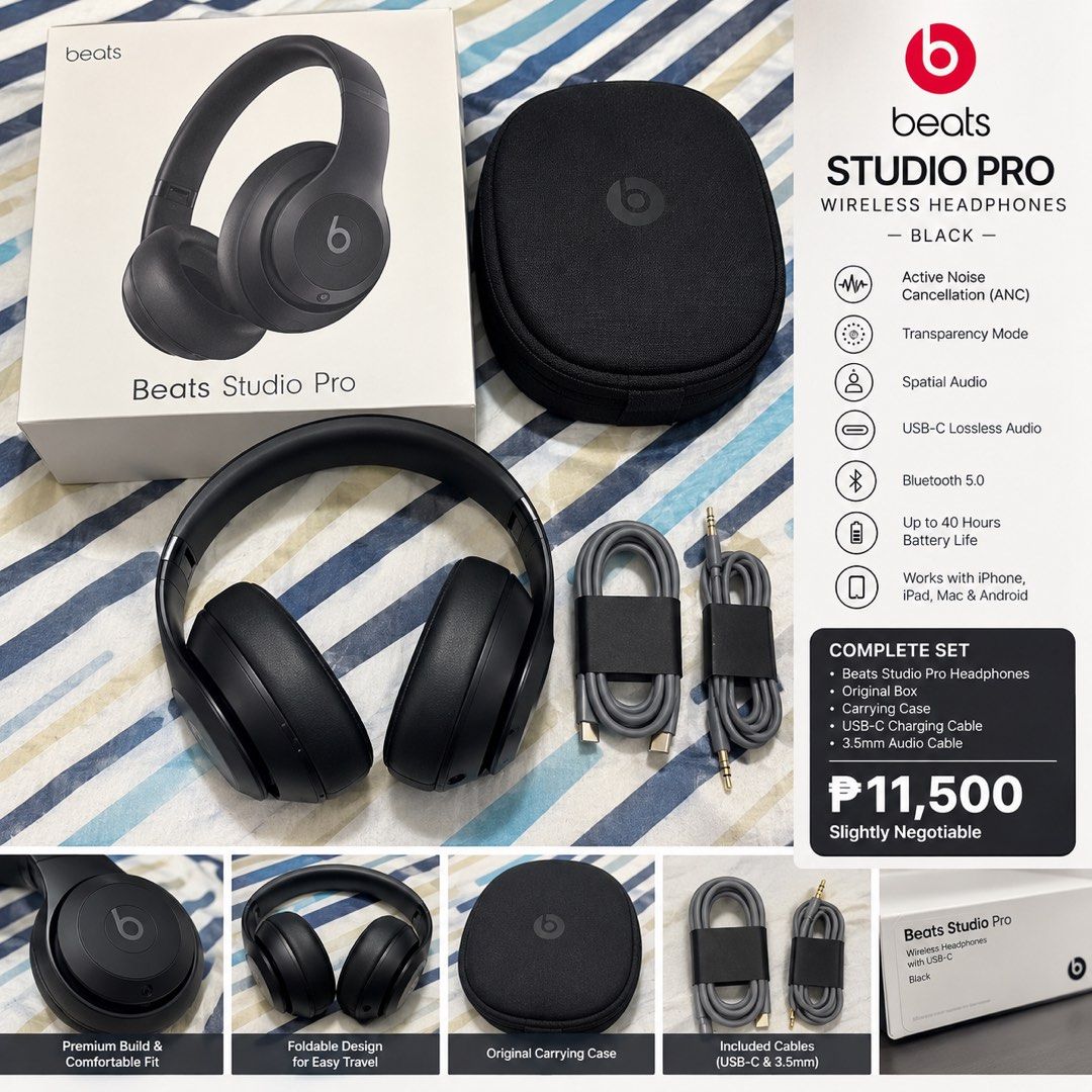 Beats Studio Pro Wireless Headphones - Black (Category: Headphones & Headsets) located in Manila. Submitted by kramyerserep (Listing ID 1460446504, Image 1). Description: - Brand New Beats Studio Pro Wireless Headphones (Black) - Active Noise Cancellation (ANC) for immersive listening - Transparency Mode to stay aware of your surroundings - Experience immersive sound with Spatial Audio - USB-C Lossless Audio for high-fidelity playback - Seamless 