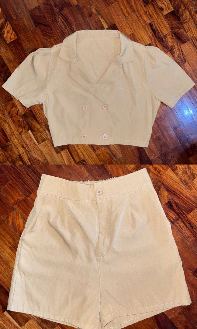 Beige Cropped Blazer Top and Shorts Set (Category: Sets or Coordinates) located in Taguig. Submitted by novealiennn (Listing ID 1451593126, Image 1). Description: - Cute beige two-piece set - Cropped blazer-style top with double buttons - Matching high-waisted shorts - Shorts feature pockets and elastic back for comfort - Perfect for casual or dressed-up looks - Can be worn together or separately.