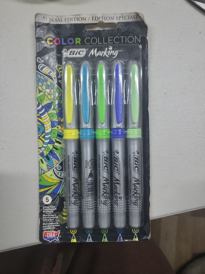 BIC Marking Ultra Fine Point Permanent Markers - Color Collection (Category: Art & Prints) located in Caloocan City. Submitted by lynette1977 (Listing ID 1460385979, Image 1). Description: - Set of 5 BIC Marking permanent markers - Ultra fine point for detailed work - Colors: Lime Green, Purple, Light Green, Teal, Yellow - Special Edition Color Collection - Made in the USA - Perfect for crafting, labeling, and fine-line projects.