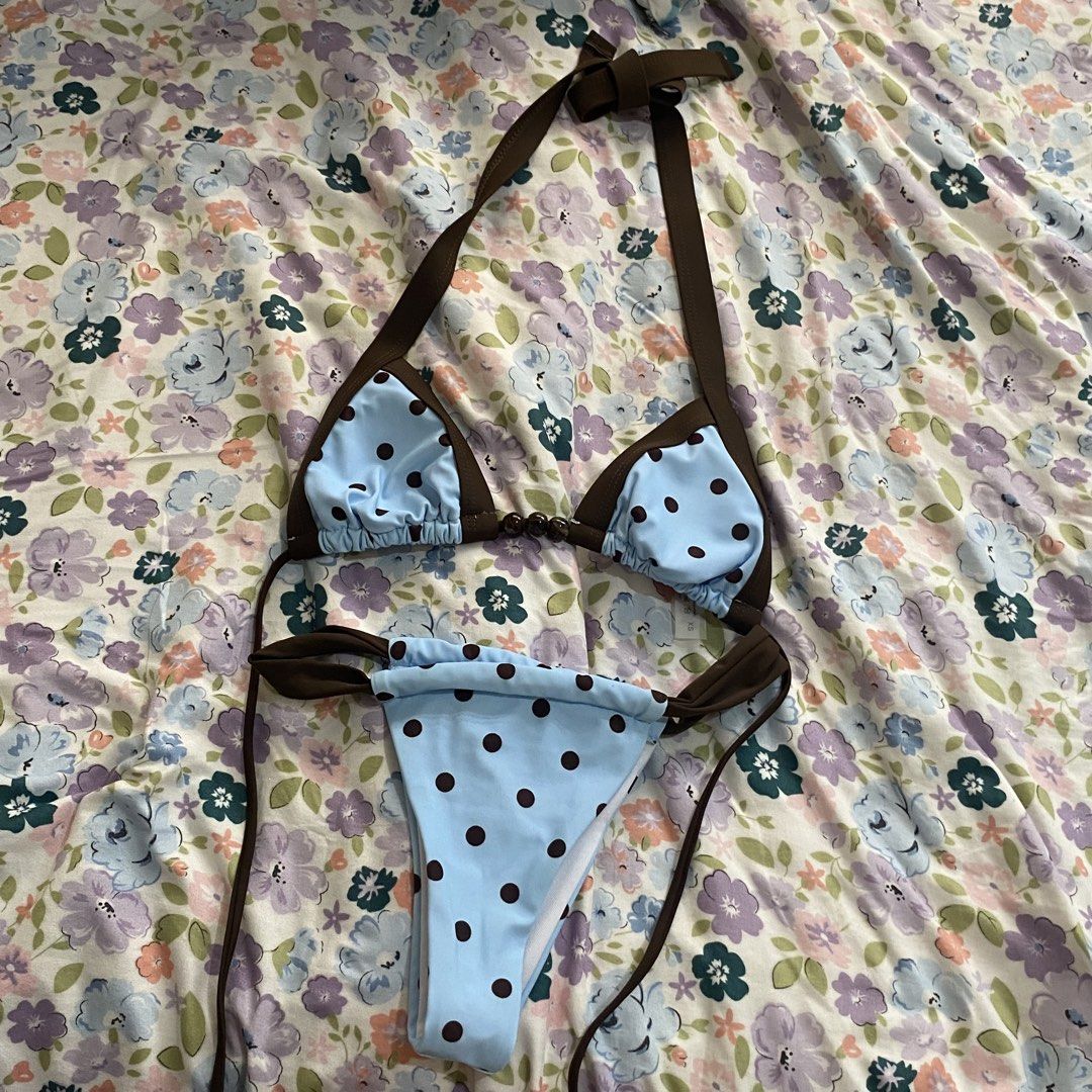 Blue Polka Dot Bikini with Brown Trim (Category: Bikinis & Swimsuits) located in Bacolor. Submitted by mxspicychicken (Listing ID 1460373027, Image 1). Description: - Cute blue bikini - Brown trim and polka dot pattern - Ties at the neck and back - Side ties on the bottoms - Ideal for beach or pool - Ready for summer fun!.