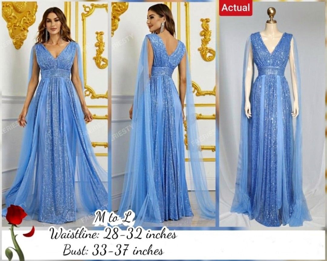 Blue Gown (Category: Evening dresses & gowns) located in Quezon City. Submitted by ccosgen (Listing ID 1460447744, Image 1). Description: - Gorgeous blue sequin gown - Elegant V-neck design - Flowing cape sleeves for a dramatic look - Fits sizes M to L - Waistline: 28-32 inches - Bust: 33-37 inches - Ideal for formal events, parties, and special occasions Brandnew Payment methods: QRPH, UnionBank, Gcash, GoTyme, Maribank & COD..