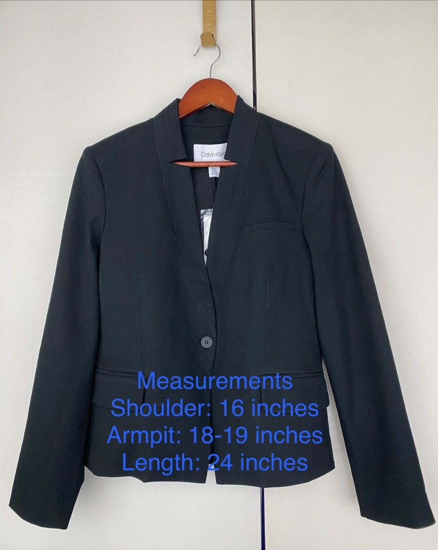 BNWT Calvin Klein Black Blazer Size 10 (Category: Coats, Jackets and Outerwear) located in Makati City. Submitted by roseaiscloset (Listing ID 1460383747, Image 2). Description: - Classic black blazer by Calvin Klein - Size 10 - Single button closure - Two front pockets - Brand new with original tags attached - Versatile for work or evening wear Bought from the US, never used, was stored and forgotten.