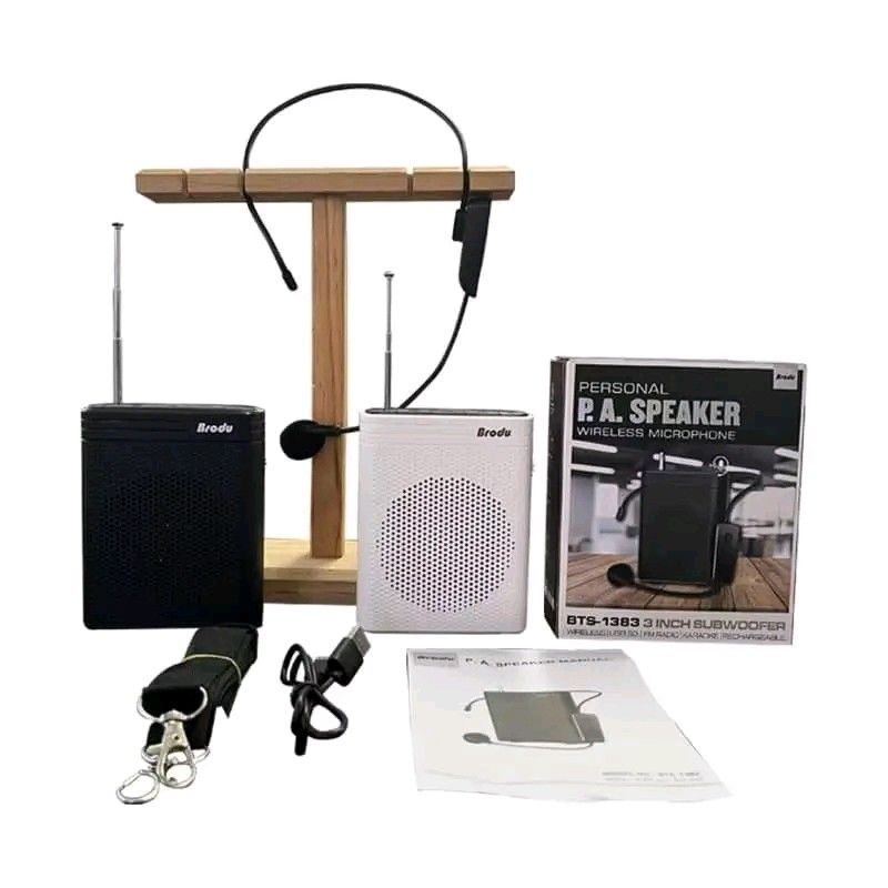 Brodu BTS-1383 Personal PA Speaker Wireless Microphone (Category: Soundbars, Speakers & Amplifiers) located in Manila. Submitted by marvieobordo (Listing ID 1460446400, Image 3). Description: - Portable PA speaker with wireless microphone - Available in Black and White - Includes headset microphone, charging cable, and manual - Rechargeable battery for on-the-go use - Compact and easy to carry - Ideal for teachers, tour guides, and presentations.