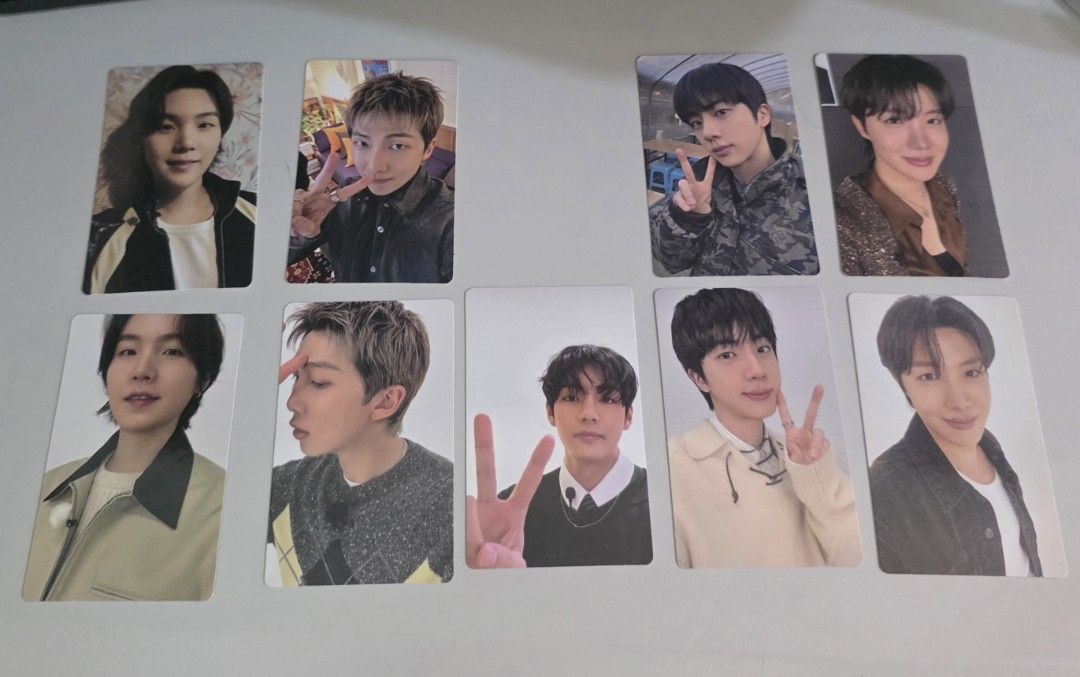 BTS Photocards - RM, Jin, Suga, J-Hope, V (Category: K-Wave Merchandise) located in Manila. Submitted by cory_armyot7 (Listing ID 1460428716, Image 1). Description: BTS Arirang album pre-order benefit 200 each; 1.5k if all 9.
