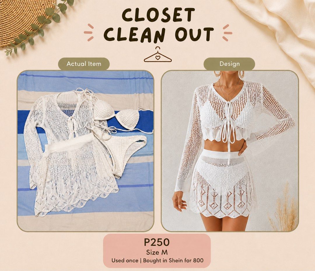 BUNDLE White Dress and Bikini Set (Category: Dresses) located in Manila. Submitted by cocofinds023 (Listing ID 1457524144, Image 2). Description: 📍Muntinlupa City PF MOP : Gcash|Maya|Bank Transfer 🛵 Lalamove(Preferred for faster transaction) | J&T White Dress Unused Bikini Set with Coverup used once.