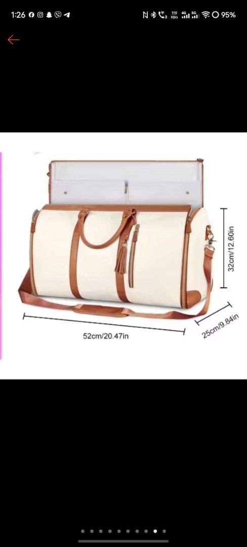 Canvas & Leather Duffle Bag with Garment Bag (Category: Tote Bags) located in Quezon City. Submitted by claudinen70390 (Listing ID 1460491739, Image 1). Description: - Stylish cream canvas duffle bag with elegant brown leather accents. - Ideal for weekend trips and travel. - Features a convenient separate garment bag that folds out. - Spacious dimensions: 52cm (L) x 25cm (W) x 32cm (H). - Versatile carrying options with a shoulder strap and top h