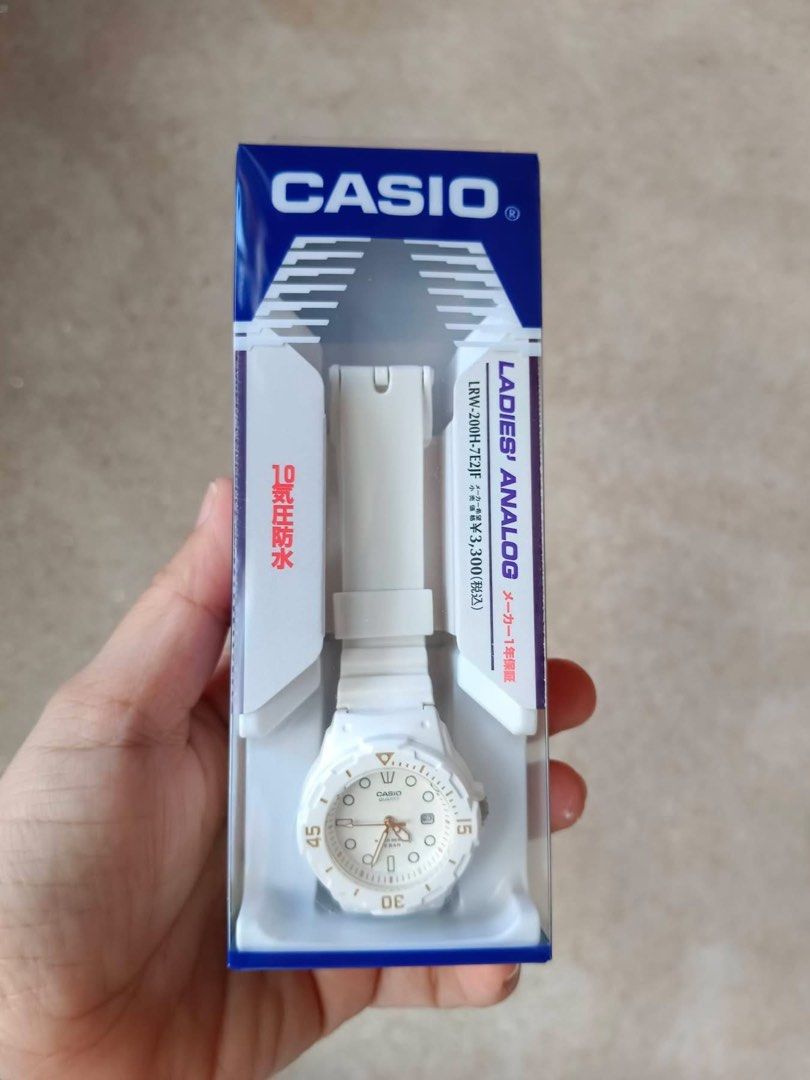 Casio Watch (Category: Women's Watches) located in Baguio. Submitted by donafaye (Listing ID 1460373139, Image 1). Description: Casio Collection LRW-200H-7E2JF, a compact and casual ladies’ analog watch known for its sporty, marine-inspired aesthetic. Key Specifications & FeaturesDesign: • Clean all-white durable resin case and band paired with subtle gold-tone details on the hands and time markings. •Bezel: Bi-directional rotating timer bezel. •
