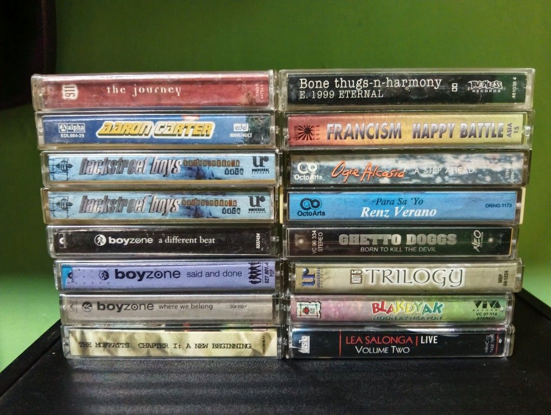 Cassette tape original (Category: CDs & DVDs) located in Caloocan City. Submitted by jbfuenzalida27 (Listing ID 1460412786, Image 1). Description: Cassette tape Original All tested *tagalog Blakdyak-200 Lea salonga live -200 Renz verano- 200 Ogie alcasid -200 Trilogy- 450 Ghetto doggs (inlay only)- 200 Francis m Happy Battle -900 *boyband bsb backstreet back -250 911 the journey -250 Boyzone said and done -250 Boyzone a different beat-250 Boyzone