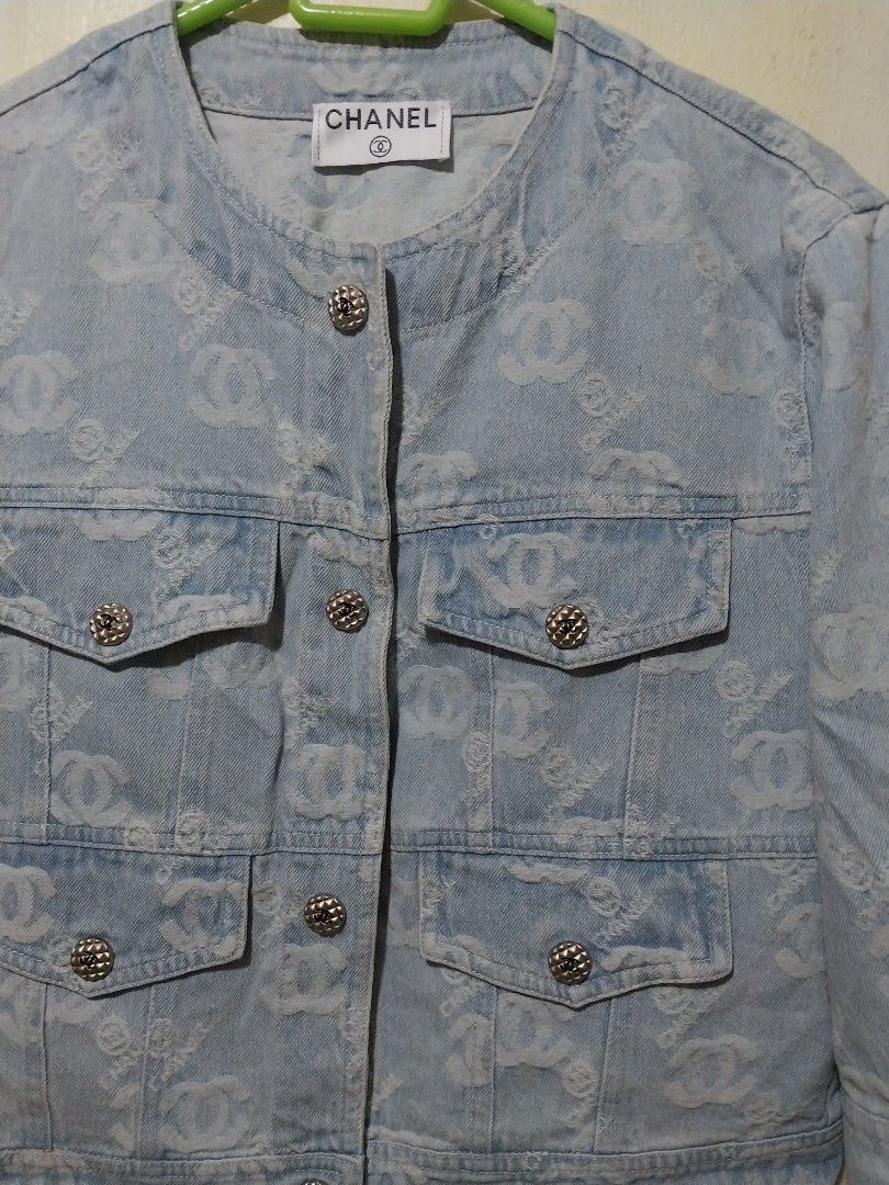 Chanel Denim Jacket with CC Logo Pattern (Category: Coats, Jackets and Outerwear) located in Manila. Submitted by PrinceDani.Clothing (Listing ID 1460420791, Image 3). Description: chanel denim jacket large fit 19in width 17in length excellent condition .