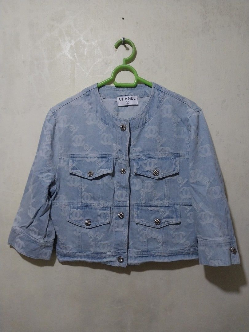 Chanel Denim Jacket with CC Logo Pattern (Category: Coats, Jackets and Outerwear) located in Manila. Submitted by PrinceDani.Clothing (Listing ID 1460420791, Image 1). Description: chanel denim jacket large fit 19in width 17in length excellent condition .