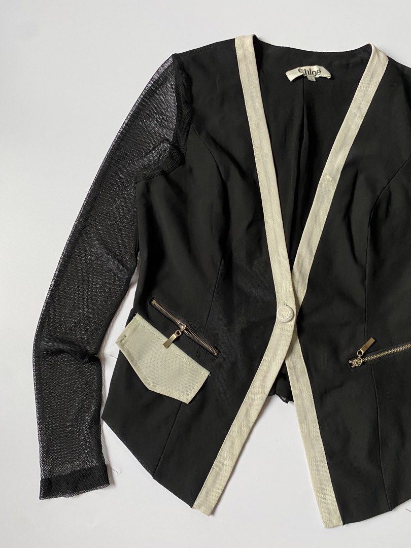 Chloe Sheer Mesh Long Sleeve Blazer (Category: Coats, Jackets and Outerwear) located in Baguio. Submitted by the_gunstore (Listing ID 1460443883, Image 3). Description: Size tagged: L Issue: Pinholes Width:17 Length:23.5 Shoulder:23.5 Sleeve:13.5.