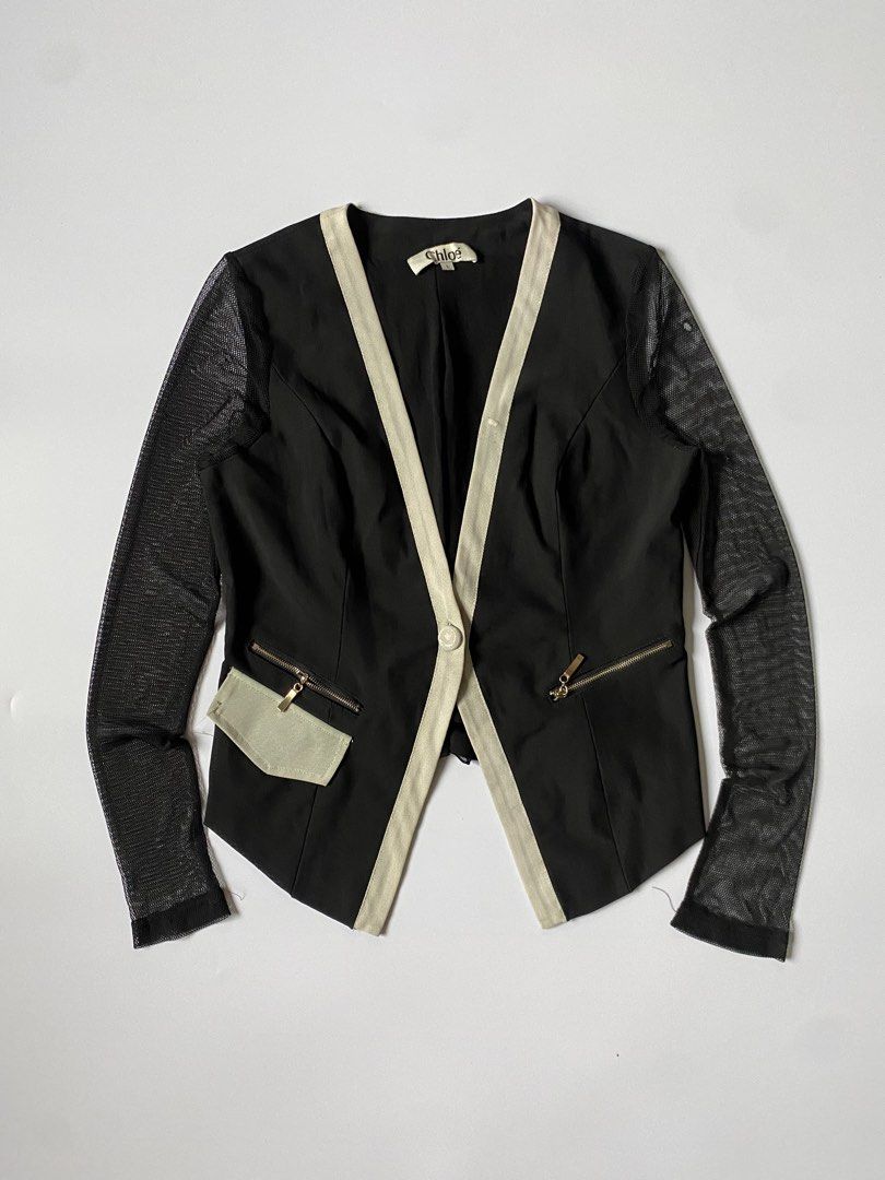Chloe Sheer Mesh Long Sleeve Blazer (Category: Coats, Jackets and Outerwear) located in Baguio. Submitted by the_gunstore (Listing ID 1460443883, Image 1). Description: Size tagged: L Issue: Pinholes Width:17 Length:23.5 Shoulder:23.5 Sleeve:13.5.