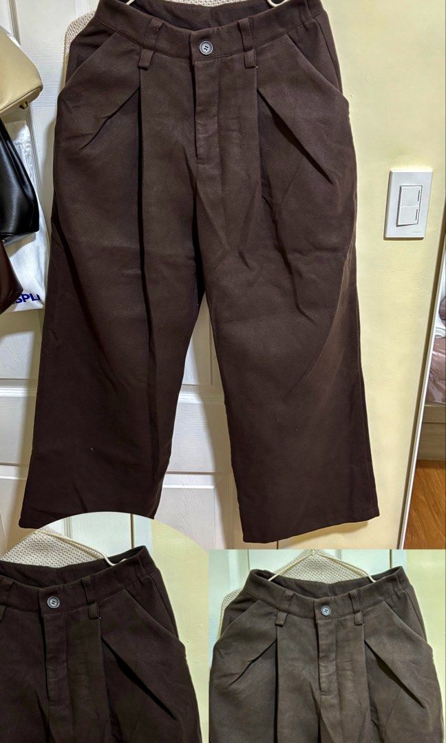 Chocolate Brown Wide Leg Suede Winter Pants (Category: Other Bottoms) located in Las Pinas. Submitted by drecessionista (Listing ID 1460348748, Image 1). Description: - Brown wide-leg pants - Front pleats for a stylish detail - Functional pockets - Secure button and zip closure - Comfortable and versatile for any occasion - Also perfect for winter or cold weather - Material is comfy, waist 28.