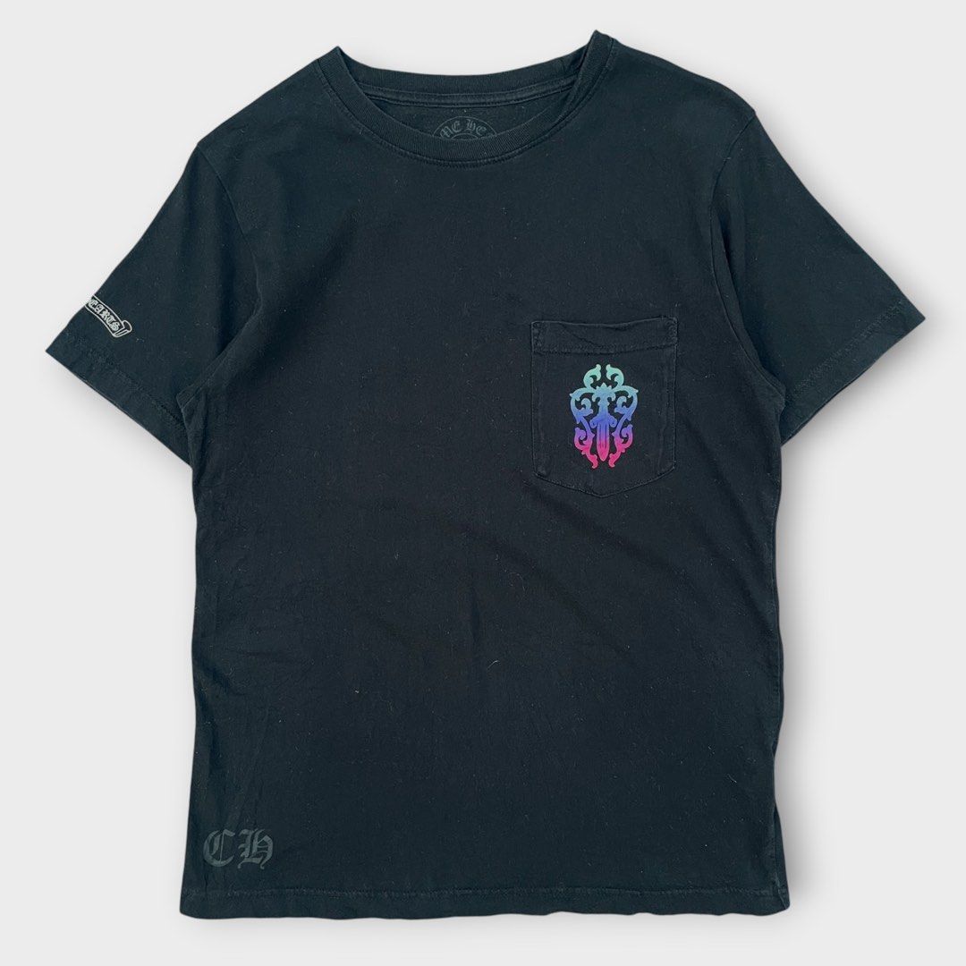 Chrome Hearts - Vintage Gradient Multicolor Dagger Pocket Shirt (Category: Tshirts & Polo Shirts ) located in Los Banos. Submitted by declutterking (Listing ID 1460482096, Image 2). Description: Size Small on tag • gradient dagger design • pocket on left chest • small logos on sleeve and back Dimensions: 16" shoulders 18" chest 26.25" length 7.75" sleeves Used condition.