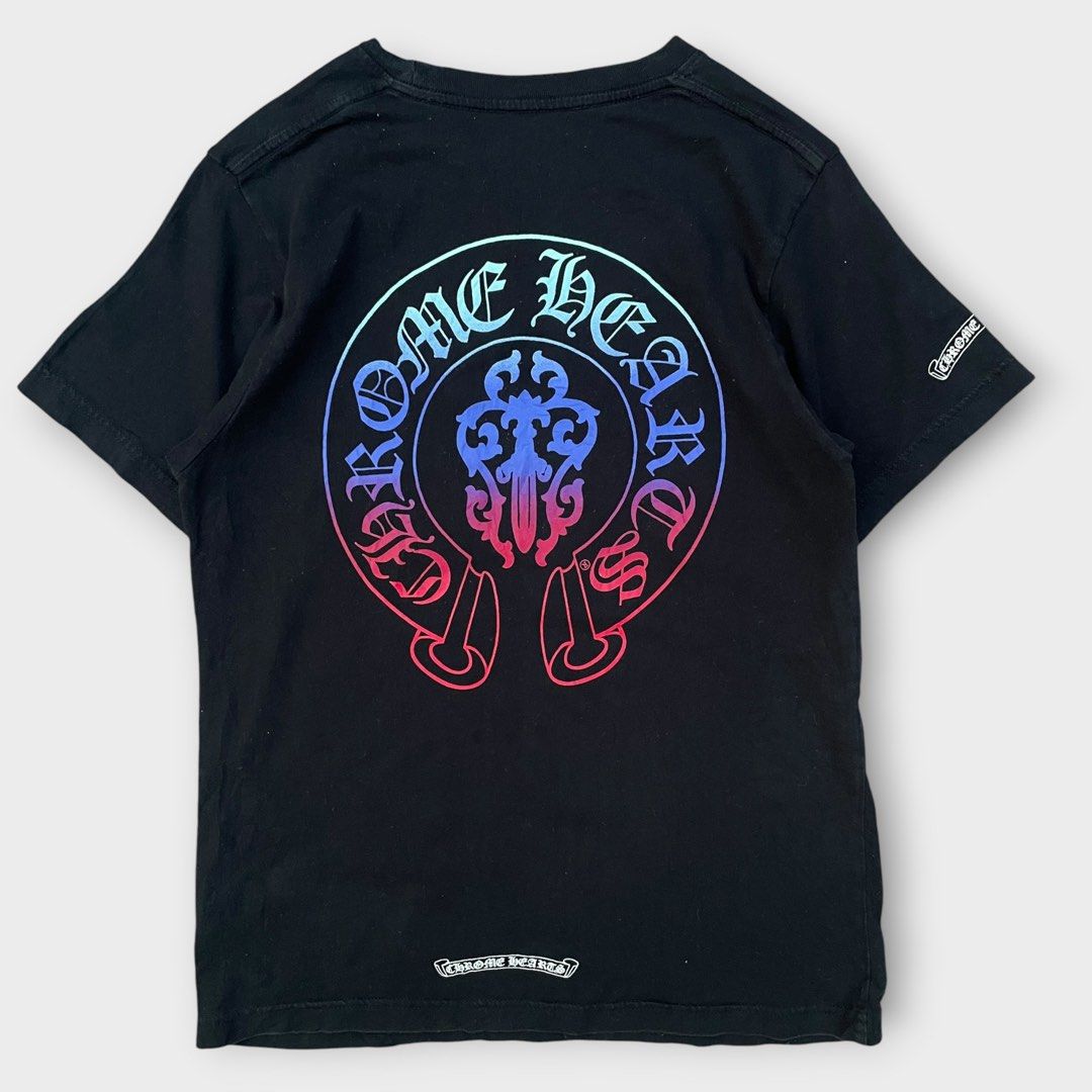 Chrome Hearts - Vintage Gradient Multicolor Dagger Pocket Shirt (Category: Tshirts & Polo Shirts ) located in Los Banos. Submitted by declutterking (Listing ID 1460482096, Image 1). Description: Size Small on tag • gradient dagger design • pocket on left chest • small logos on sleeve and back Dimensions: 16" shoulders 18" chest 26.25" length 7.75" sleeves Used condition.