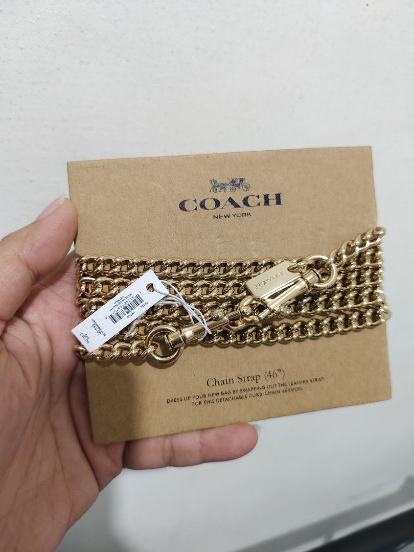 Coach New York Gold Chain Strap (46") (Category: Other Accessories) located in Davao. Submitted by ranne11 (Listing ID 1460362576, Image 1). Description: - Authentic Coach gold chain strap - Length: 46 inches - Perfect for customizing your bag with a chic curb chain - Comes with original packaging and tag - Original retail price: $50.00.