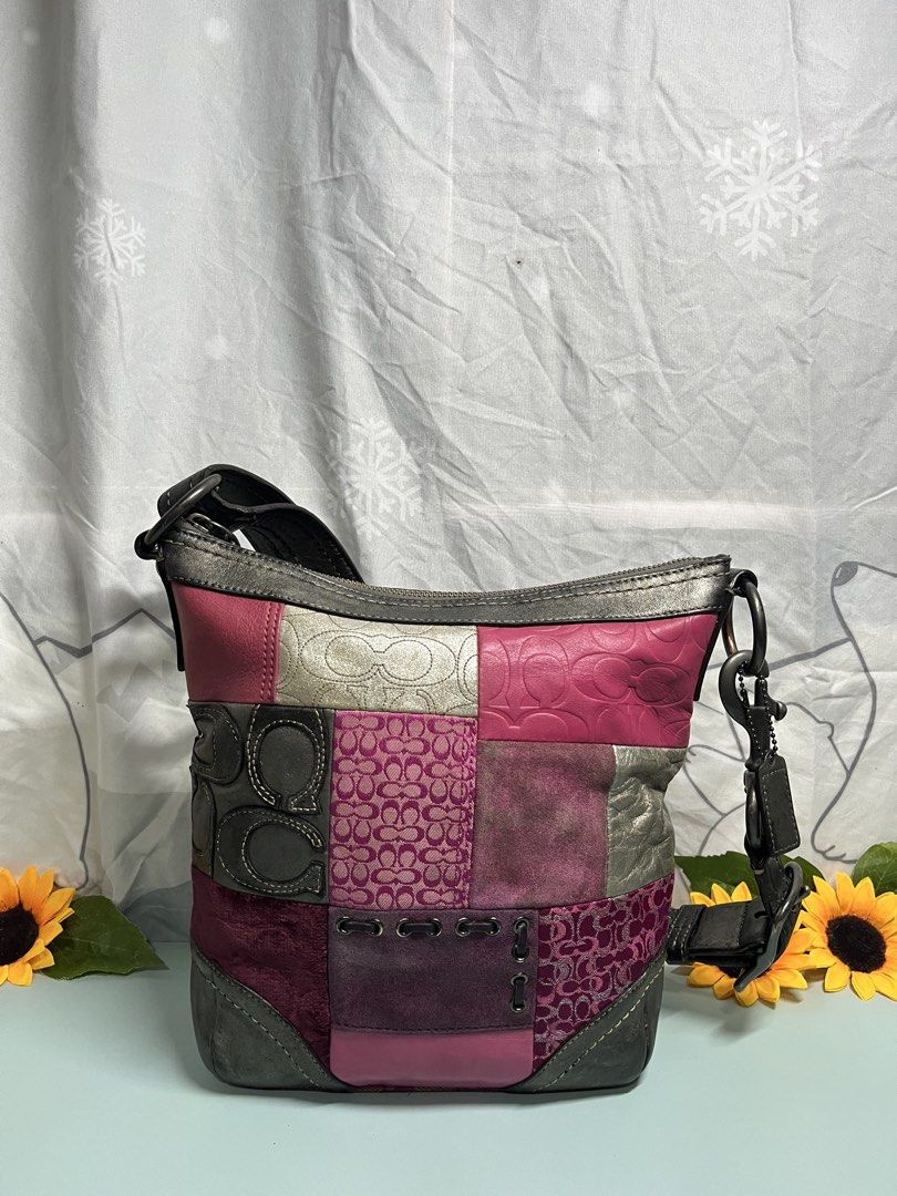 Coach Patchwork Leather Shoulder Bag Pink Silver Purple (Category: Luxury Bags & Wallets) located in Liloan. Submitted by sakurumifinds2809 (Listing ID 1460362411, Image 2). Description: - Cute Coach shoulder bag - Unique patchwork design in pink, silver, and purple leather - Embossed Coach logo on panels - Secure zipper closure - Comfortable leather strap - Includes original Coach hangtag and swivel clasp - Ideal for everyday wear.