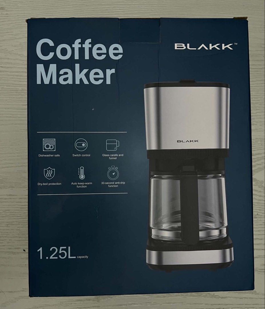 Coffee Maker - Brand New (Category: Other Kitchen Appliances) located in Caloocan City. Submitted by newocean_abcdb3 (Listing ID 1460419085, Image 1). Description: ☕ BLAKK Coffee Maker – Details * Brand: BLAKK * Type: Drip coffee maker * Capacity: 1.25 liters / up to 10 cups * Power: 750W * Voltage: 230V AC * Frequency: 60Hz * Carafe: Glass * Filter: Permanent/reusable nylon filter * Control: Simple on/off switch * Keep Warm: Yes — keeps brewed c