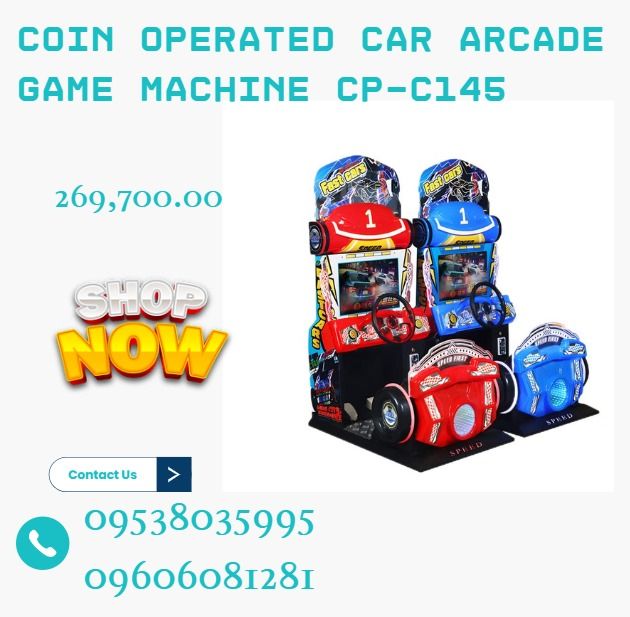 Coin Operated Car Arcade Game Machine CP-C145 (Category: Infant Playtime) located in Caloocan City. Submitted by javierchec55656 (Listing ID 1460384004, Image 1). Description: ●Size:124*84*176CM ●Voltage:220V ●Power:150W ●Weight:75KG .