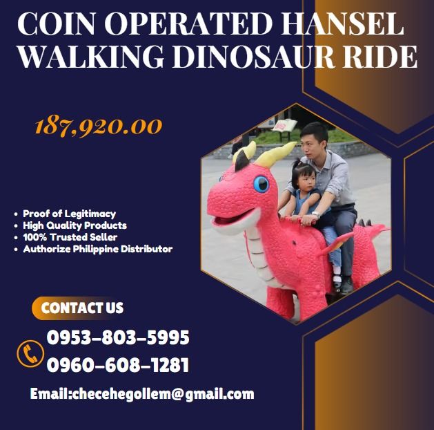 coin operated Hansel Walking Dinosaur Ride (Category: Infant Playtime) located in Caloocan City. Submitted by boldhawk_09f8ee (Listing ID 1460389839, Image 1). Description: ●Model NO.:CP-G019 ●Size:190*120*55cm ●Power: 250W ●Weight: 60KG ●Player:2 players .