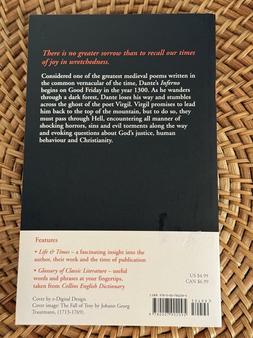 Collins Classics: Inferno by Dante Alighieri (Category: Storybooks) located in Davao. Submitted by decluttergrlyp__ (Listing ID 1460503810, Image 2). Description: Collins Classics: Inferno by Dante Alighieri ₱140 Like new Loc: Davao City (Mindanao) MOP: Gcash/Gotyme/BPI MOD: J&T Shipping fee small pouch (with ₱21 voucher from J&T app) Luz & Vis - ₱80 Min - ₱50 Note: Sure buyers only No last price Pay as you order.