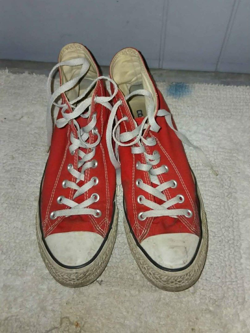 Converse All Star Red High Top Sneakers (Category: Sneakers) located in Quezon City. Submitted by lvxmn (Listing ID 1460400219, Image 1). Description: High Cut Converse - Red SIZE 9 Men US Wear and tear at the sole. Can be used but requires some repair, still presentable..