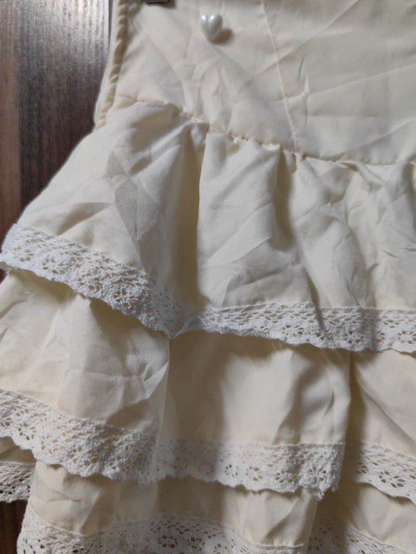 Coquette Fairy Ruffled Layer Skort (Category: Skirts) located in Taguig. Submitted by chielatte (Listing ID 1460355743, Image 3). Description: 000128 light yellow, high-waisted tiered ruffle mini skirt with delicate white lace trim and built-in bloomer shorts in a kawaii style W24xL13.