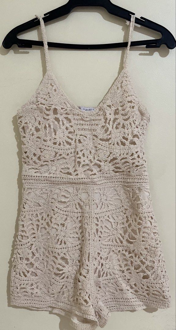Cream Crochet Romper with Spaghetti Straps (Category: Rompers) located in Quezon City. Submitted by abssnf (Listing ID 1460412144, Image 1). Description: - Cream colored crochet romper - Features spaghetti straps - Elasticated waist for a comfortable fit - Fully lined for opacity - Ideal for beach days or casual outings - Super cute, breezy, and perfect for summer.
