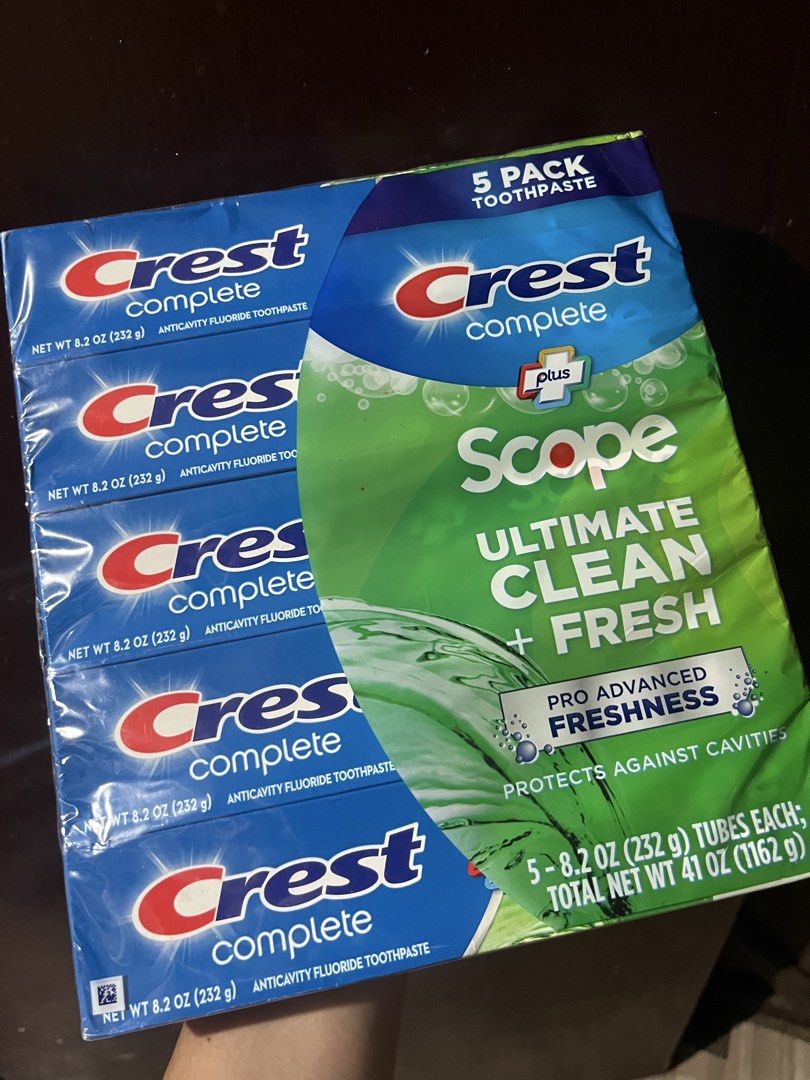 Crest Complete Plus Scope Toothpaste 5 Pack (Category: Oral Care) located in Quezon City. Submitted by lovedbykarlaa (Listing ID 1460372051, Image 1). Description: - 5-pack of Crest Complete toothpaste with Scope - Each tube is 8.2 oz (41 oz total) - Variety: Ultimate Clean + Fresh - Protects against cavities - Provides pro-advanced freshness - Great value for stocking up.