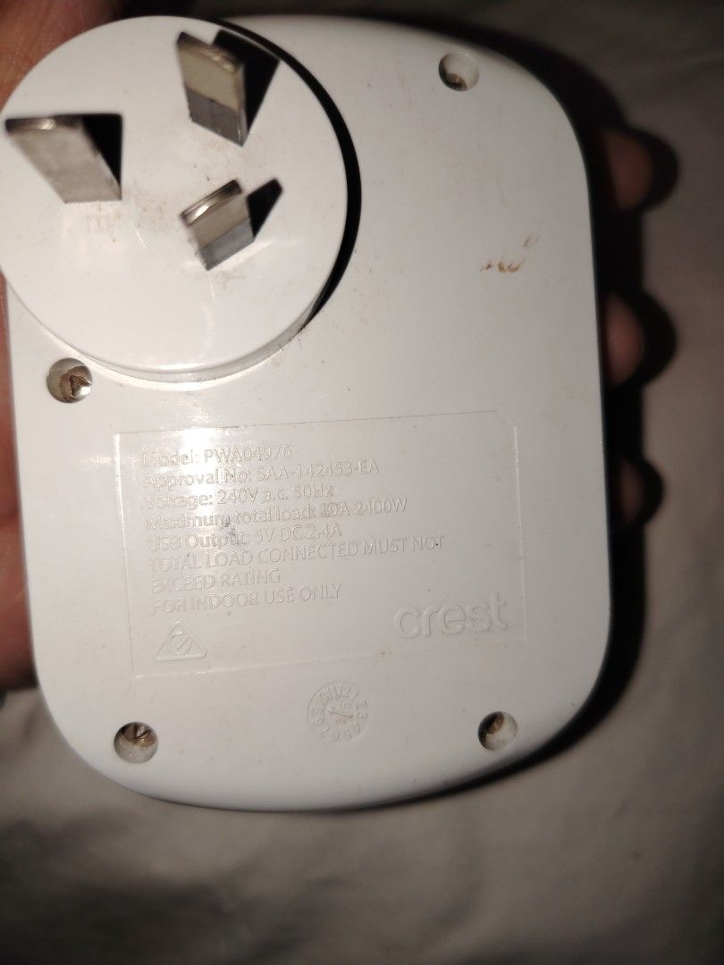 Crest Surge Protected Power Adapter with 2 USB Ports (Category: Cables & Adaptors) located in Manila. Submitted by purediamond888 (Listing ID 1460421494, Image 2). Description: - Crest Surge Protected Power Adapter - Features 2 power outlets and 2 USB ports - Maximum total load: 10A 2400W - USB output: 5V DC 2.4A - Important: Total connected load must not exceed rating - For indoor use only - Model: PWA04976.