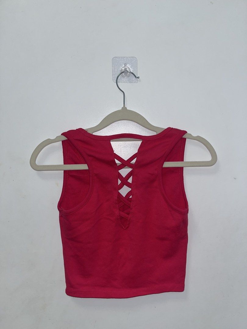 Criss-Cross Back Crop Tank Top (Small to Medium) (Category: Sleeveless) located in Binmaley. Submitted by thegirlscloset1 (Listing ID 1460461563, Image 2). Description: Cute red crop tank top with a stylish criss-cross back detail. Sleeveless, stretchy, and perfect for casual wear with jeans or shorts..