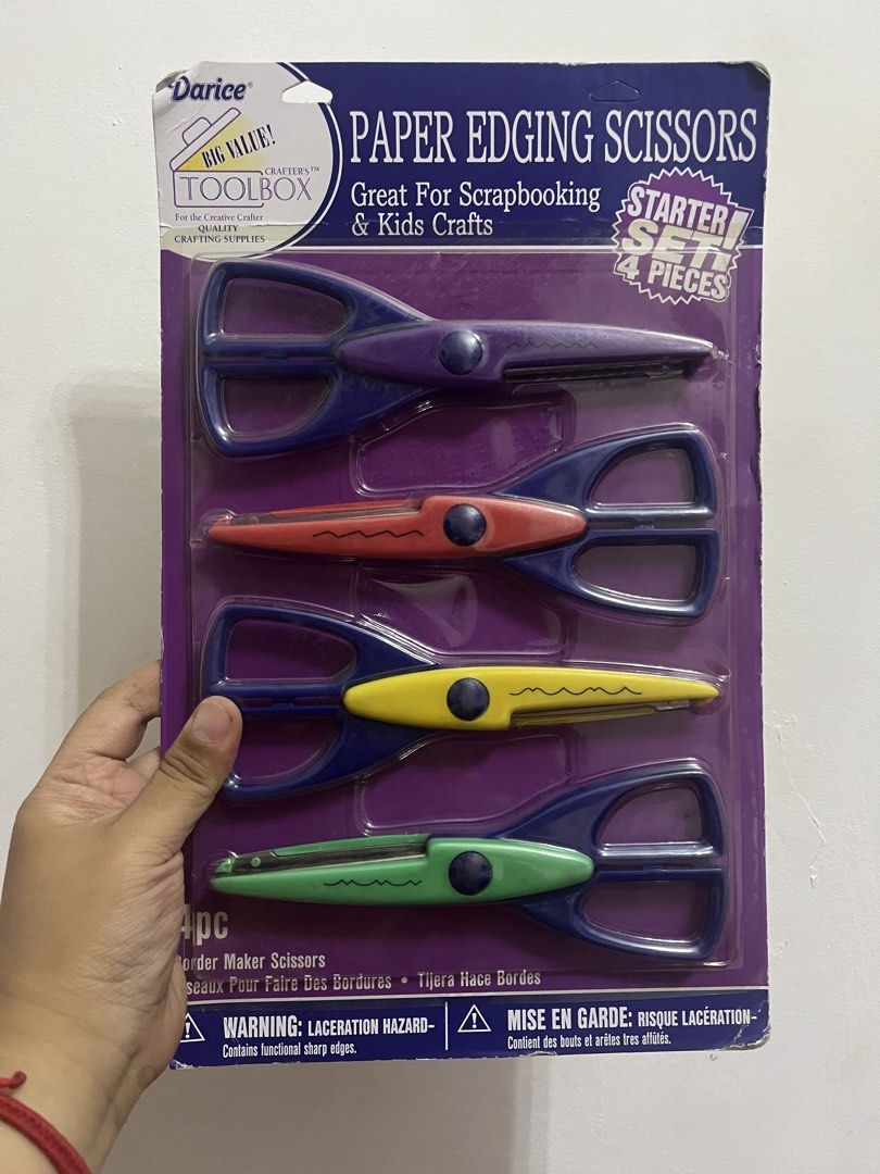 Darice Paper Edging Scissors Starter Set - 4 Pieces (Category: Craft Supplies & Tools) located in Dasmarinas. Submitted by purpleboxmidori (Listing ID 1460471555, Image 1). Description: - Darice Paper Edging Scissors Starter Set - Includes 4 different scissors for unique border designs - Ideal for scrapbooking and kids' crafts - Creates decorative paper edges - Features functional sharp edges.