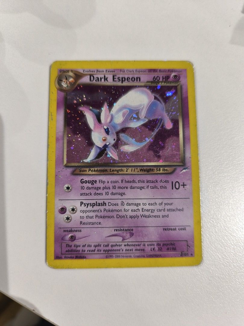 Dark Espeon Pokemon Card Holo (Category: Raw Singles) located in Caloocan City. Submitted by silentdeer.956993 (Listing ID 1460464734, Image 1). Description: - Vintage Dark Espeon Pokemon Card Damaged Condition Collectr Damage condition Price 79% Meet up: SM North to Rob. Magnolia.
