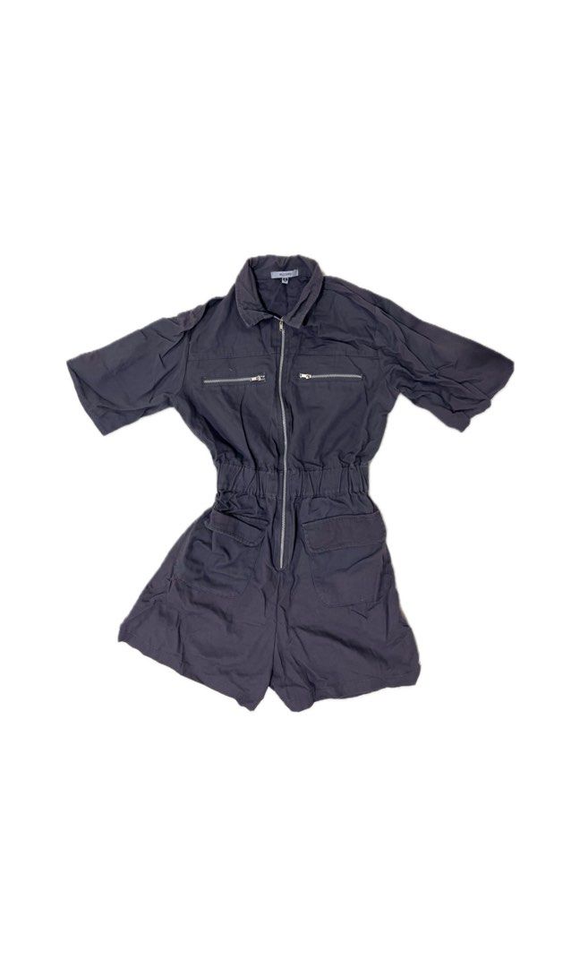 dark gray romper / jumpsuit (Category: Jumpsuits) located in Rizal. Submitted by le.pln (Listing ID 1460344191, Image 1). Description: bought from department store never used 😭 loc: rizal mod: jnt mop: gcash / bdo.
