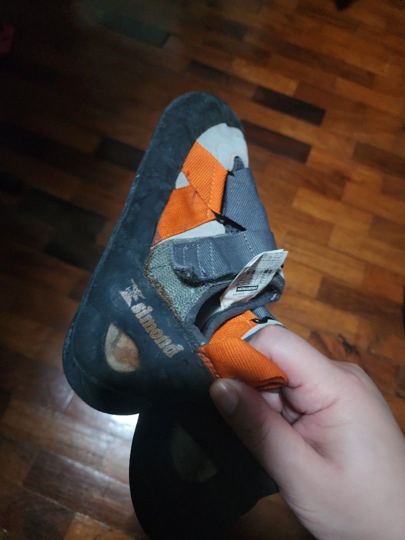 Decathlon Simond Climbing Shoes Orange Grey (Category: Other Sports Equipment and Supplies) located in Paranaque City. Submitted by bluegreen689 (Listing ID 1460451944, Image 3). Description: - Used Simond climbing shoes - Color: Orange and Grey - Features: Velcro straps for easy on/off - Sole: Excellent grip - Condition: 9/10 - Ideal for: Bouldering or sport climbing so 7, 24cm.