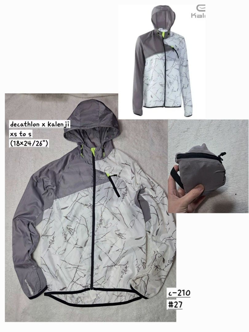 Decathlon x kalenji packable windbreaker run jacket (Category: Coats, Jackets and Outerwear) located in Baguio. Submitted by mishmashfritz (Listing ID 1460431629, Image 1). Description: like new, no flaws, needs wash packable, thumb holes, adustable hood, thrifted, xs to s.