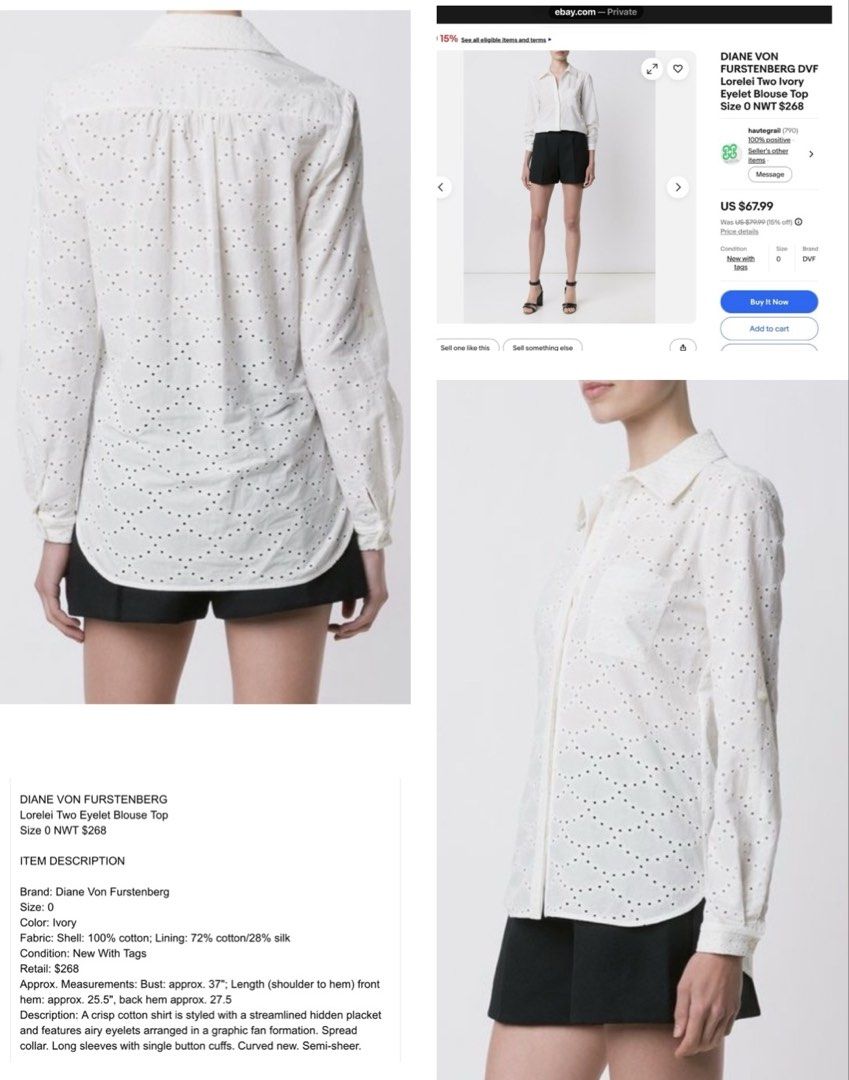 Diane von Furstenberg long-sleeved button down shirt (Category: Longsleeves) located in Batangas. Submitted by mumbee (Listing ID 1460428675, Image 1). Description: Diane von Furstenberg long-sleeved button down shirt. Cotton/silk blend fabric in cream with eyelet detail. With option to button up the sleeves halfway. With security logo for authenticity. Size 0 Fits XS-S Like new, no flaws. RFS: Too many shirts.