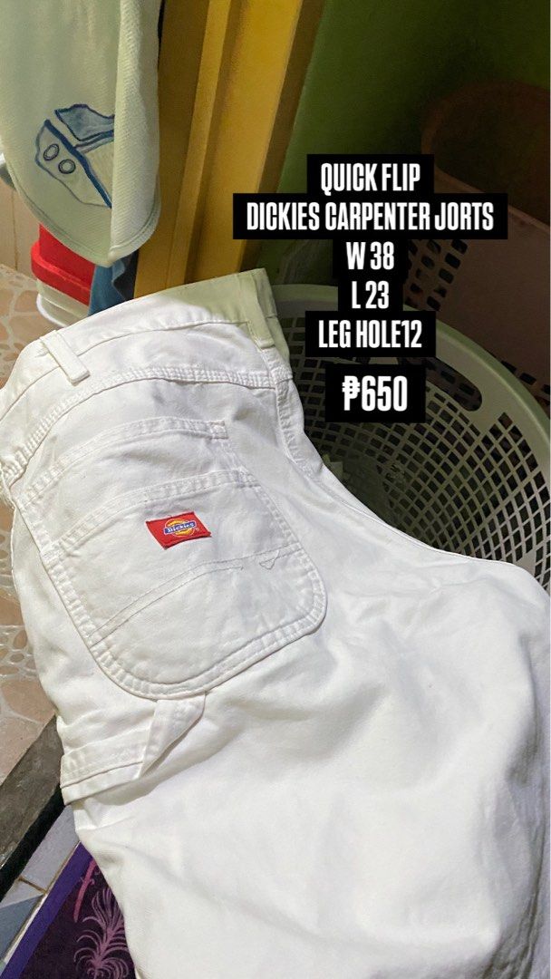 Dickies Carpenter Shorts W38 L23 (Category: Shorts) located in Manila. Submitted by biggiened (Listing ID 1460478957, Image 1). Description: - Brand: Dickies - Style: Carpenter Shorts - Color: White - Size: W38 L23 - Leg Hole: 12 inches - Perfect for work or casual wear - Price: P650.