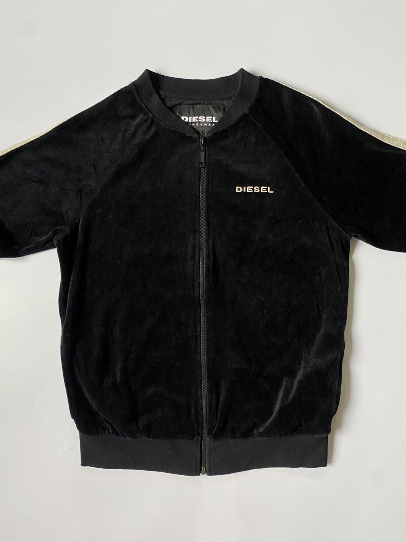 Diesel Bonshin Full Zip Velour Bomber Jacket (Category: Coats, Jackets and Outerwear) located in Baguio. Submitted by the_gunstore (Listing ID 1460442526, Image 2). Description: Size tagged: S Issue: None Width:20 Length:26 Shoulder: Sleeve:27.5.