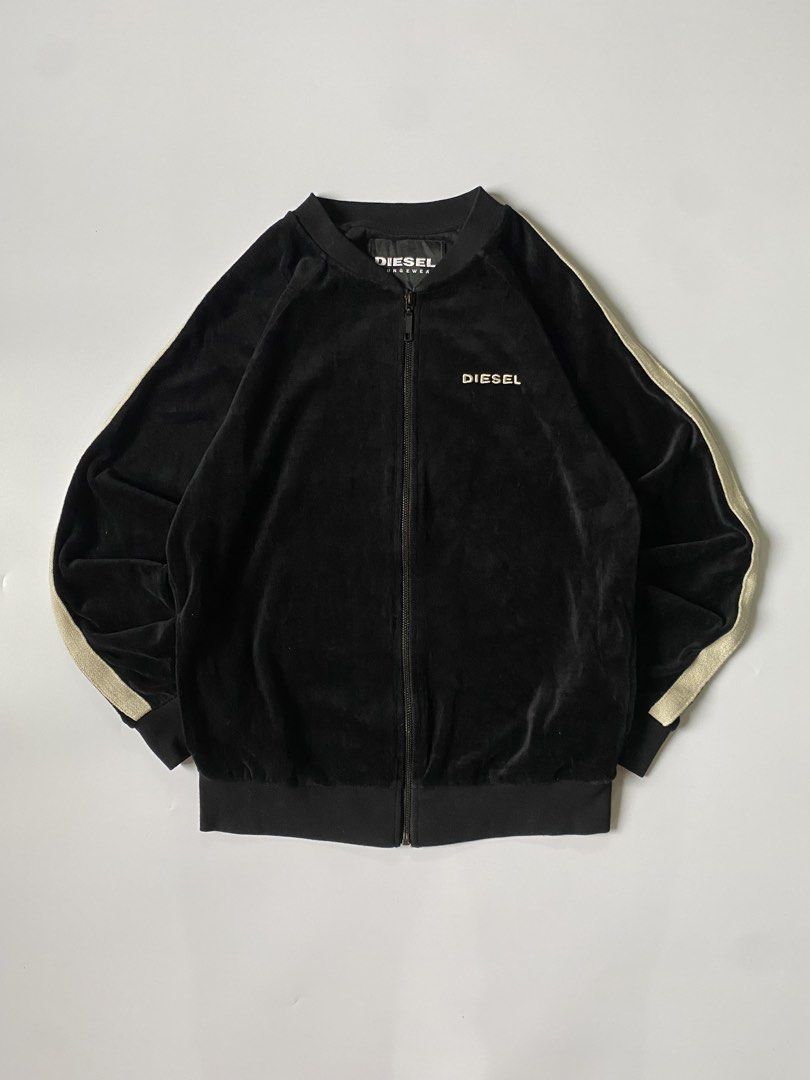 Diesel Bonshin Full Zip Velour Bomber Jacket (Category: Coats, Jackets and Outerwear) located in Baguio. Submitted by the_gunstore (Listing ID 1460442526, Image 1). Description: Size tagged: S Issue: None Width:20 Length:26 Shoulder: Sleeve:27.5.