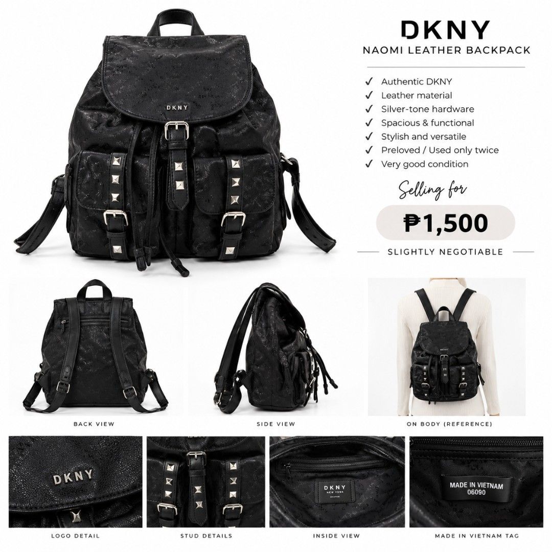 DKNY Naomi Leather Backpack - Black (Category: Backpacks) located in Makati City. Submitted by crley (Listing ID 1460307435, Image 1). Description: - Authentic DKNY Naomi leather backpack - Features silver-tone hardware and studded details - Spacious and functional design - Stylish and versatile for everyday use - Selling for P1,500 (slightly negotiable).