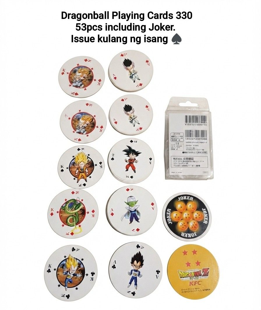 Dragonball Playing Cards / Missing 1 (Category: Raw Singles) located in Binan City. Submitted by mayjhe (Listing ID 1460372005, Image 1). Description: 💟 For Sale 💟 👉 Kindly read the page rules 🌸 Dragonball 🍀 Playing card 📍 Condition: Good missing 1 💰 Price is 330.00 🇵🇭 Location Biñan Laguna 🛵 Courier J&T and Lalamove 📋 Shipping by Thursday 📍 NO COD, COP, CHECKOUT 📌 All items are carefully packed and labeled with Fragile stickers for 
