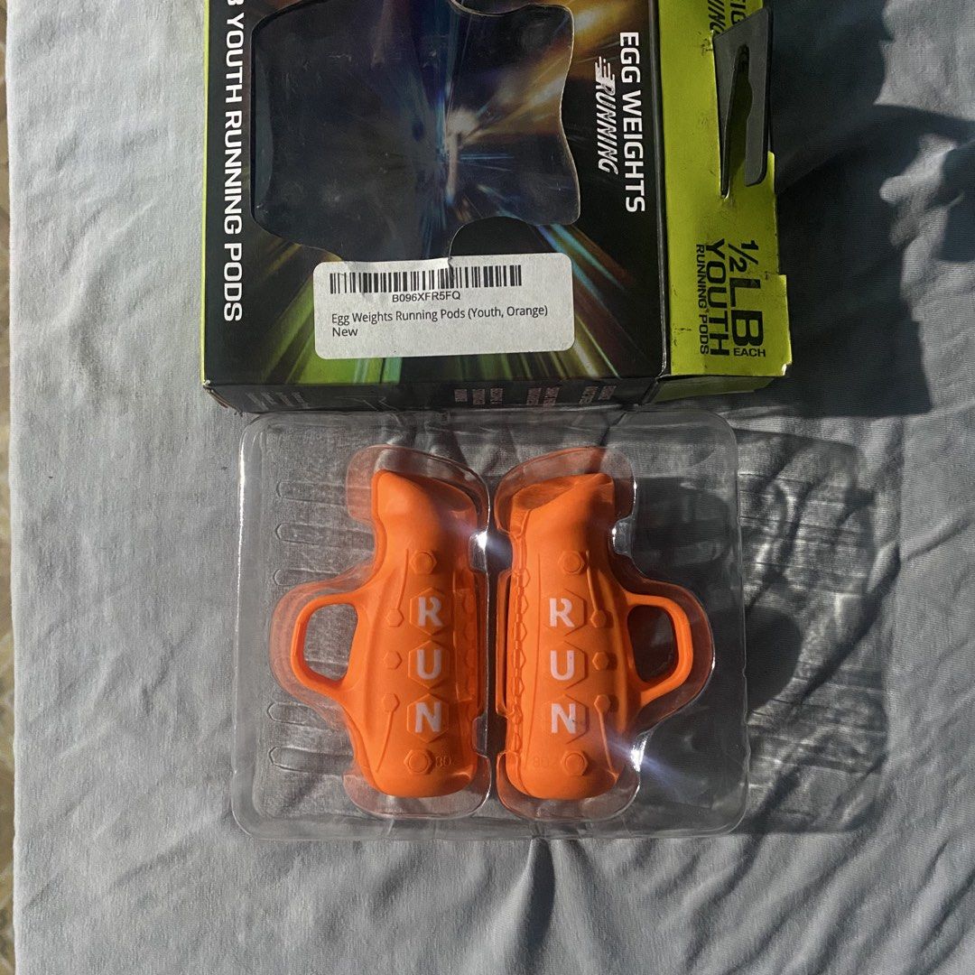 Egg Weights Running Pods 1/2 LB Youth Orange (Category: Weights & Dumbbells) located in Iba. Submitted by leovincee.1414 (Listing ID 1460425483, Image 3). Description: - Orange running pods for youth - Each pod is 1/2 LB - Adds resistance to your runs - Helps improve running form (head up, shoulders back, torso engaged) - Easy to hold and use - Elevate your workout.