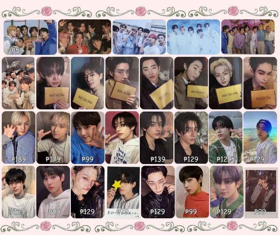 Enhypen Photocards Set (Category: K-Wave Merchandise) located in Caloocan City. Submitted by hilia.findsss (Listing ID 1460392778, Image 2). Description: - Authentic Enhypen photocards available. - Featuring a mix of individual members and group photos. - Prices clearly marked on each image. - Sourced from official albums and special events. - Ideal for Engenes looking to complete their collections. - Message for inquiries or to create a bundle. 