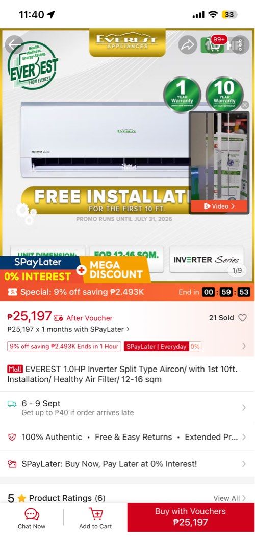 EVEREST 1.0HP Inverter Split Type Aircon (Category: Air Conditioning and Heating) located in Batangas. Submitted by declutter.meowma (Listing ID 1460408617, Image 1). Description: - EVEREST 1.0HP Inverter Split Type Aircon - Ideal for rooms 12-16 sqm - 10 Years Warranty on Compressor - Includes Healthy Air Filter MOVING OUT SALE -bought for 30k selling only 16k sure buyer nego -EVEREST 1HP INVERTER, 2 yrs of usage, no history of repair loc: QC .