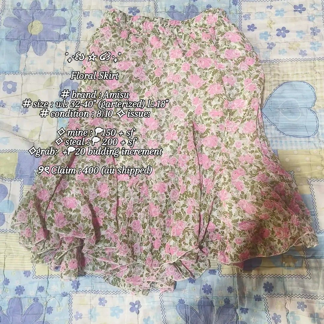 FAIRY FLOWY SKIRT (Category: Skirts) located in Davao. Submitted by lavinia.finds (Listing ID 1460446933, Image 1). Description: ⟡ mine : ₱150+ sf ⟡ steal : ₱ 200 + sf ⟡grab: +₱20 bidding increment ୨ৎ Claim : 400 (au shipped) ♡ 𝑾𝑯𝑰𝑴𝑺𝒀 𝑪𝑶𝑳𝑳𝑬𝑪𝑻𝑰𝑶𝑵 𝟐 ♡ 🧚🏻‍♀️ 𝑬𝑵𝑫 𝑶𝑭 𝑩𝑰𝑫 September 11 [9:00 pm] 💳 𝑴𝑶𝑷 GCash 📦 𝑴𝑶𝑫 J&T Express 📍 𝑳𝒐𝒄𝒂𝒕𝒊𝒐𝒏 Davao City, Davao del Sur ♡ Shipping fee is shouldered by the buyer unless 