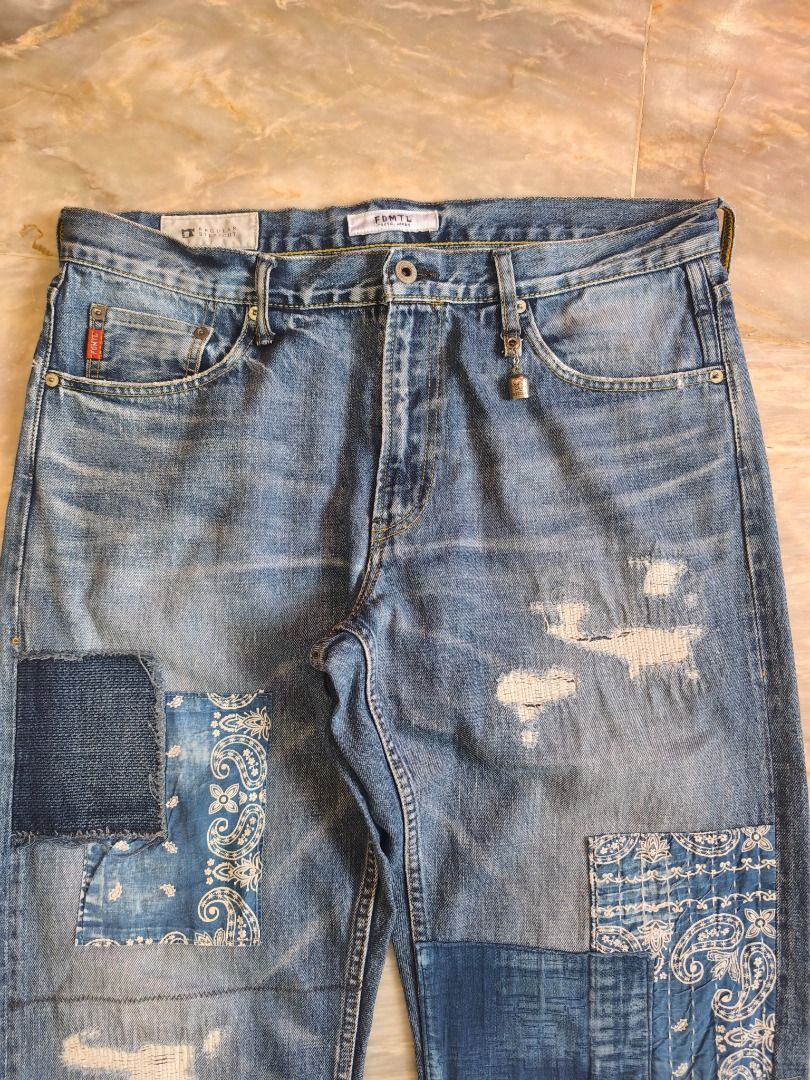 FDMTL Patchwork Denim Pants (Category: Jeans) located in Lucena. Submitted by 0174.archive (Listing ID 1460421355, Image 2). Description: very good used condition flaws - altered side (check all photos for reference) Actual Measurements (inches) Waist: 19 / 37 around Inseam: 30.5 Out seam: 40.5 Front Rise: 12 Thigh: 13 Leg opening:7.5 Knee:11 Message before buying if you have question Items are new / pre-loved / second hand used Manage your expec