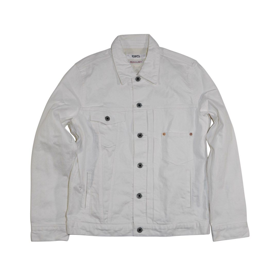 FDMTL White Denim Jacket (Category: Coats, Jackets and Outerwear) located in Quezon City. Submitted by jwinprince (Listing ID 1460502388, Image 1). Description: FDMTL White Denim Jacket Size: M Length: 25 Width: 18.5 Minimal stains on the fabric. FDMTL (Fundamental Agreement Luxury) is known for Japanese craftsmanship and denim focused garments inspired by vintage workwear. The clean white denim variation is less common than their usual indigo pi