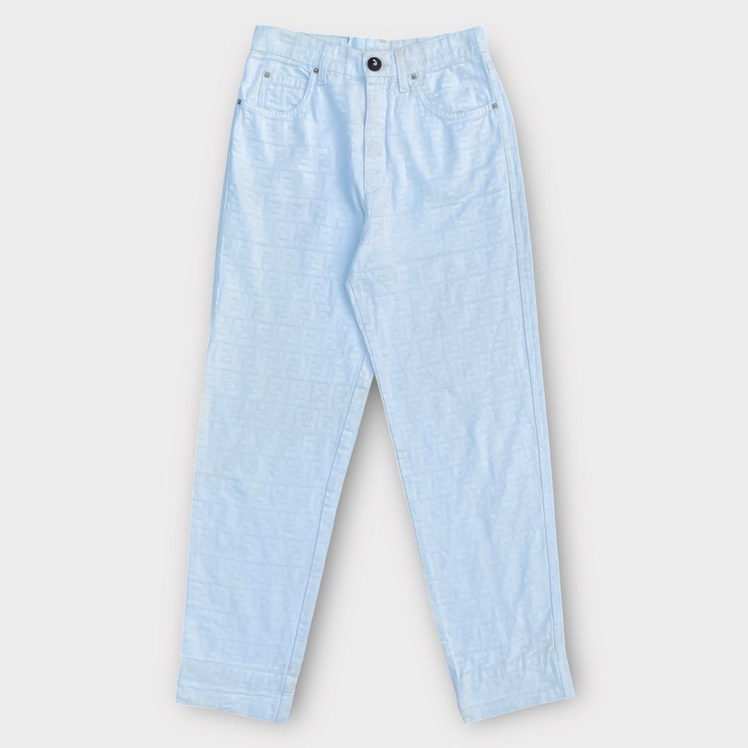 Fendi - Vintage FF Monogram Logo White Knit Pants (Category: Jeans) located in Los Banos. Submitted by declutterking (Listing ID 1460494009, Image 1). Description: Fits 26 waist • monogram FF logo • slim fit pants • minimal stains due to storage Dimensions: 13" waist 11.5" front rise 11" thigh 37.5" length 6.5" leg opening Used condition Authentic .