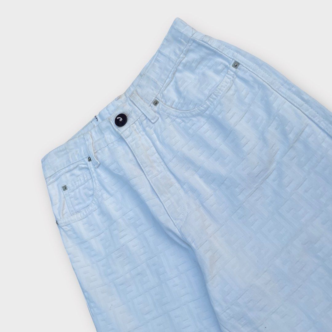 Fendi - Vintage FF Monogram Logo White Knit Pants (Category: Jeans) located in Los Banos. Submitted by declutterking (Listing ID 1460494009, Image 2). Description: Fits 26 waist • monogram FF logo • slim fit pants • minimal stains due to storage Dimensions: 13" waist 11.5" front rise 11" thigh 37.5" length 6.5" leg opening Used condition Authentic .
